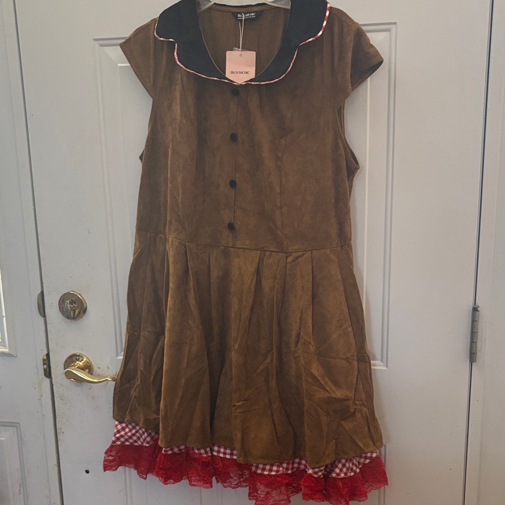 BloomChic Brown Sleeveless cowgirl Dress with Black Collar and Red Trim